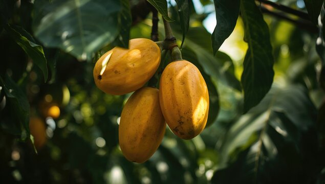 Fresh and ripe papayas hanging from the tree, beneficial tropical fruit choice
