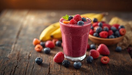 Smoothie and jelly accompanied by fresh fruit and berries on a rustic wooden table, fiber-dense choice
