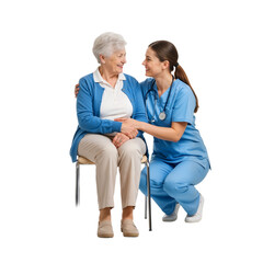 Caregiver Kneeling with Elderly Woman in Chair – Warm, Supportive Moment of Trust and Compassionate Care

