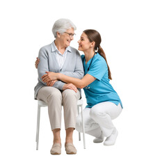 Caregiver Kneeling with Elderly Woman in Chair – Warm, Supportive Moment of Trust and Compassionate Care


