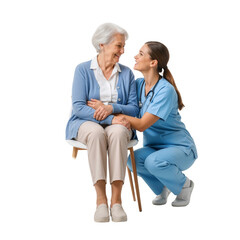 Caregiver Kneeling with Elderly Woman in Chair – Warm, Supportive Moment of Trust and Compassionate Care

