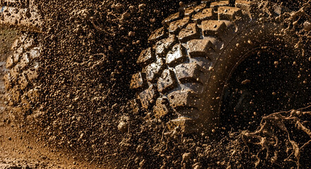 Muddy tire splashes in a vibrant, action-packed off-road adventure, perfect for conveying speed, power, and a thrilling outdoor lifestyle experience