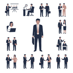 Collection of business professional figures in various poses and situations, like meetings and presentations