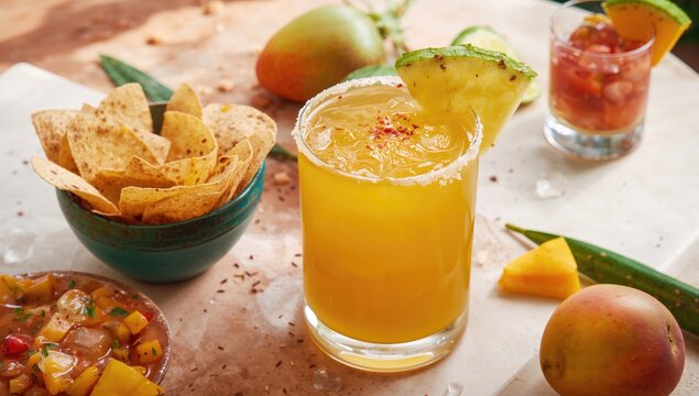 Refreshing margarita with spicy pineapple and mango, summer cocktail