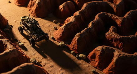 Adventure awaits as a rugged vehicle navigates the rocky desert landscape, perfect for conveying exploration, resilience, and off-road excitement in advertising