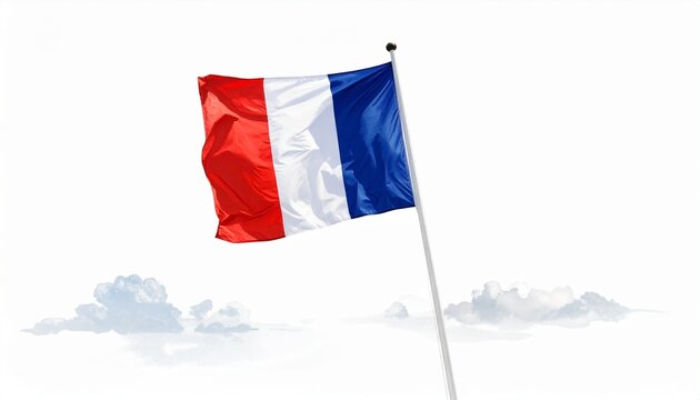 Waving French national flag on flagpole with visible shadow, blue-white-red vertical stripes, symbolizing national pride, freedom, and cultural identity on a clean white background