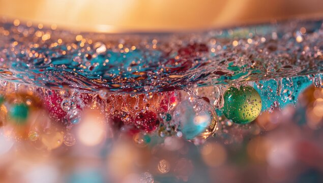 Colorful oil droplets and bubbles flowing on water, showcasing the intricate textures of liquid dynamics
