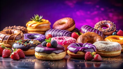 Colorful donuts and pastries adorn a rich purple background in a mouthwatering dessert display