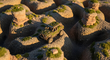 Off-road adventures await with this moss-covered vehicle navigating rugged terrain, perfect for environmental campaigns or outdoor lifestyle visuals
