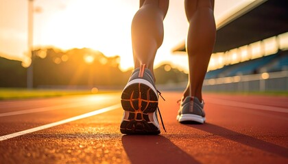 Close-up of a person's legs and feet running on a track toward the sunset. The view is from behind the runner