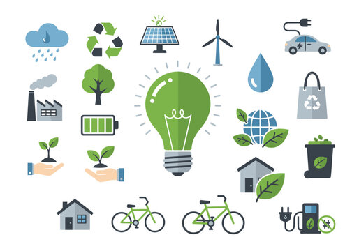 Collection of various environmental and sustainability icons, including a large green lightbulb