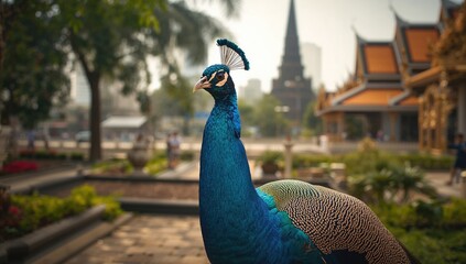 Peacock in a temple setting, showcasing cultural significance and architectural beauty