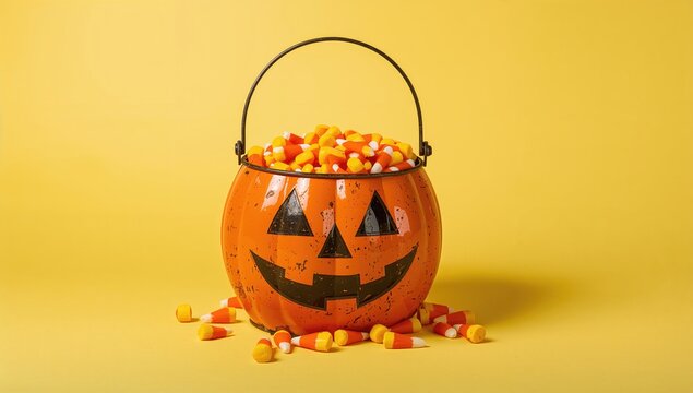 Tin Pumpkin Jack-O'-Lantern Bucket Overflowing with Candy Corn, festive treat display - Powered by Adobe