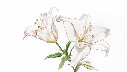 Fototapeta premium Watercolor illustration of white lilies, delicate floral design, suitable for editorial header background