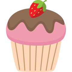 Pink Frosted Cupcake With Chocolate Drizzle and a Strawberry Topping on a Transparent Background