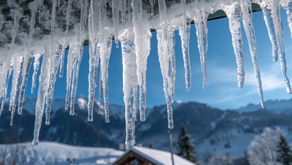 Icicles dangling from rooftops, winter season in mountainous landscape, frost under bright blue sky