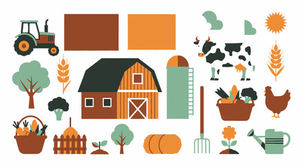 Simplified farm scene illustration with tractor, barn, silo, cow, vegetables, wheat, and other farm elements