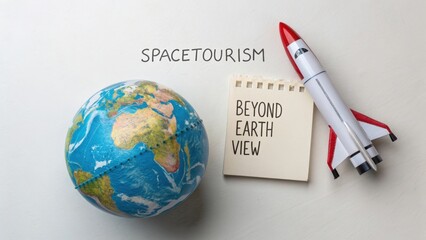 Miniature rocket with globe and notepad for space tourism concept