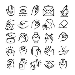 A collection of hand icons representing various actions and objects. A visual representation of hand gestures and the items