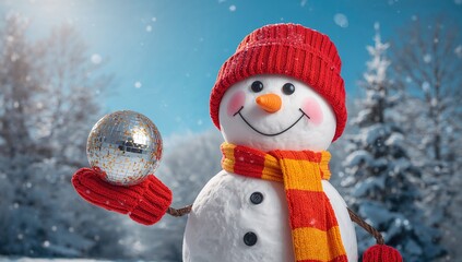 A joyful snowman dressed in a hat, mittens, and a colorful scarf, grasping a New Year's ball, seasonal celebration theme