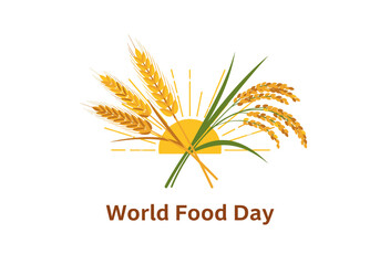 Stylized illustration for a global food awareness day, featuring wheat, rice, sun, and text