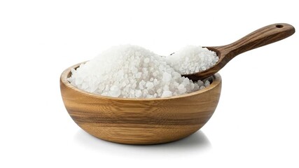 This visually appealing close-up captures a rustic wooden bowl overflowing with glistening white coarse salt crystals, ready for culinary use. A matching wooden spoon, also laden with salt, rests eleg