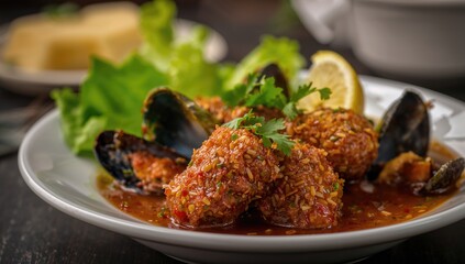 Fototapeta premium Mussels coated in batter served with sauce, lemon, and lettuce, protein-rich meal