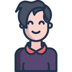 Stylized illustration of a smiling person with short dark hair and a dark purple shirt with a red collar against a transparent background featuring clean lines and a simple design