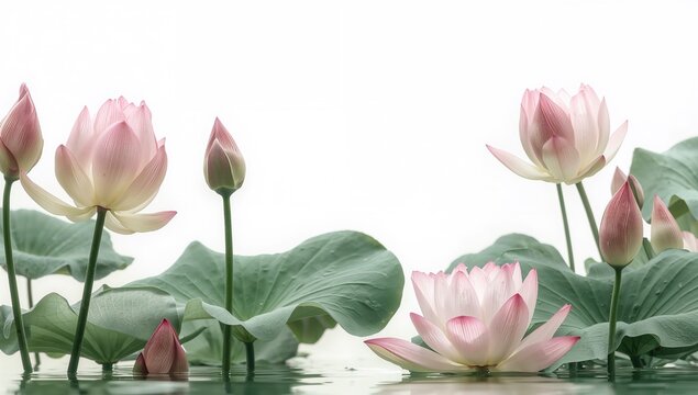 Aquatic flowers with pink and white lotus buds surrounded by lush green leaves, beneficial for tranquility