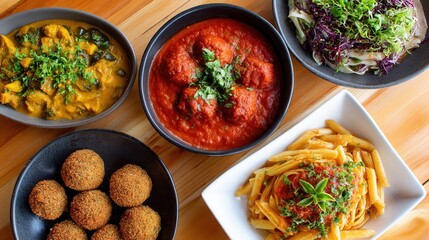 A colorful assortment of dishes including pasta, meatballs, curry, and salads arranged on a wooden table, showcasing vibrant colors and textures.
