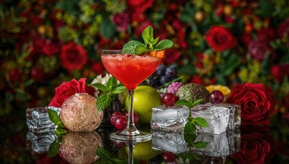 Red and green craft cocktail garnished with mint and ice, ideal for a cocktail party