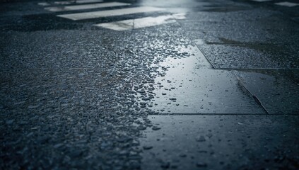 The wet texture of the paving floor illuminated by light, erosion risk
