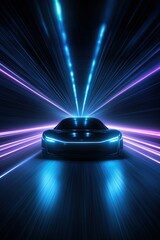 Futuristic electric car driving on road surrounded by blue and purple neon lights with dark background and light rays