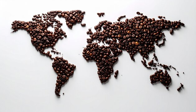 Global Coffee Map Made From Roasted Coffee Beans on White Background World Map Concept