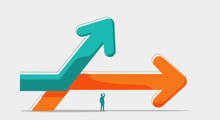 A strategic business decision depicted by a person choosing between an upward trend arrow and an alternate stable direction