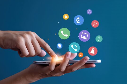 Smartphone user interacting with various app icons floating above the screen