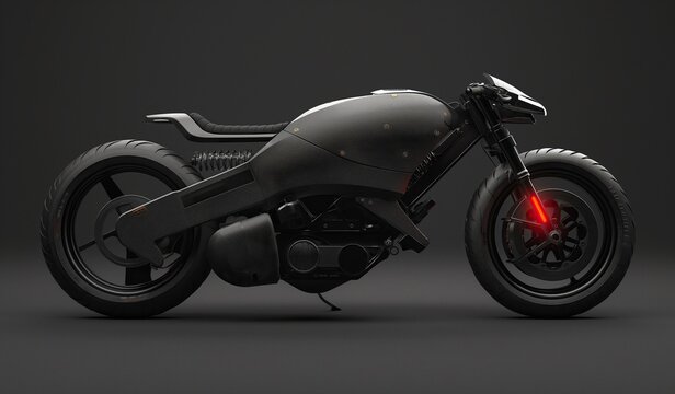 Side view of matte black futuristic motorcycle with red light on grey background for modern technology concept