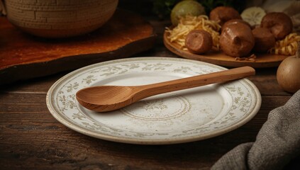 Vintage plate with wooden kitchen tools, ideal for rustic culinary settings
