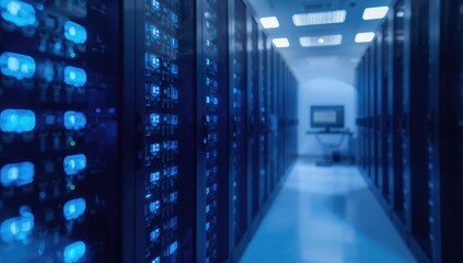 Blue Blurred Server Rack, emphasizing efficiency