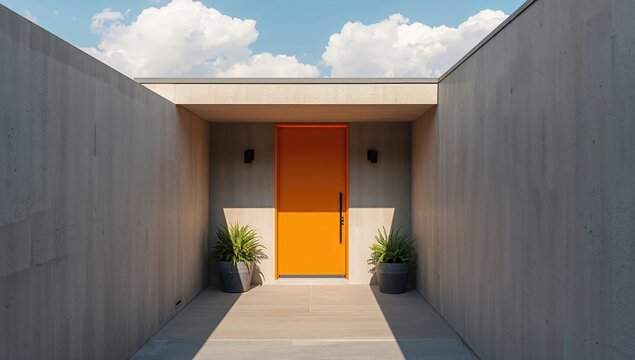 A welcoming orange door invites entry, enhancing the exterior charm