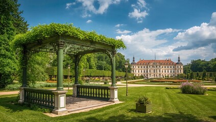 The green pergola in the historic park of Rundale Palace, a space for relaxation and nature appreciation