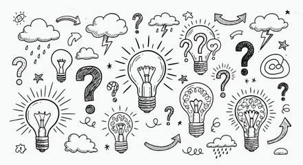 Creative black and white sketch of light bulbs and question marks