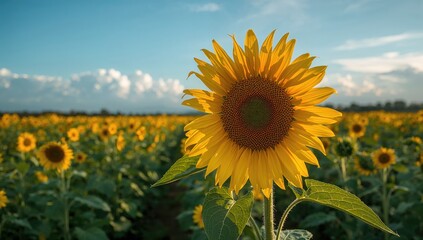 Obraz premium Sunflower blooming in open terrain, symbol of seasonal change