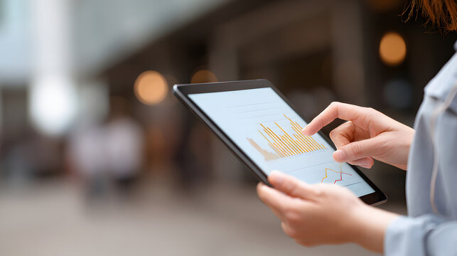 businesswoman reviewing equity portfolio with charts on tablet