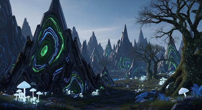 A stunning 3D rendered fantasy landscape of an alien world. The scene features massive, dark, sharply peaked mountains with glowing geometric and swirling patterns in neon green and electric blue. In 