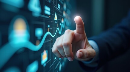 A close-up of a man's hand interacting with a digital interface, showcasing technology and innovation.
