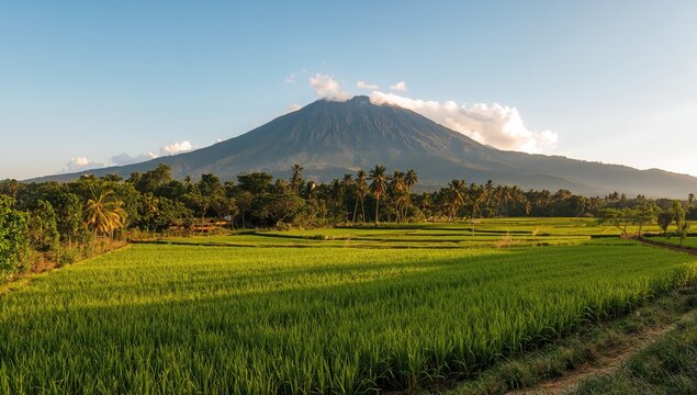Panoramic scene of rice terraces with Mount Seulawah Agam in the distance, showcasing agricultural beauty and seasonal change