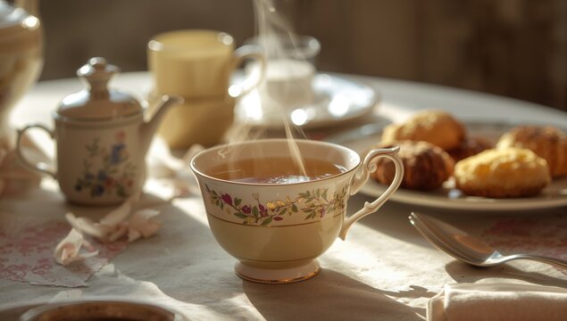 Serving tea in a delicate cup, promoting relaxation and mindfulness