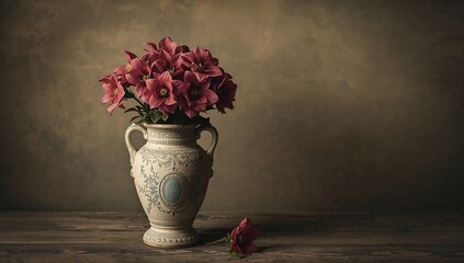 Antique vase featuring Columbine flowers set against a wooden backdrop, suitable for editorial use
