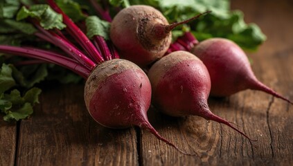 Fresh beets with greens resting on a rustic wooden surface, a fiber-dense choice